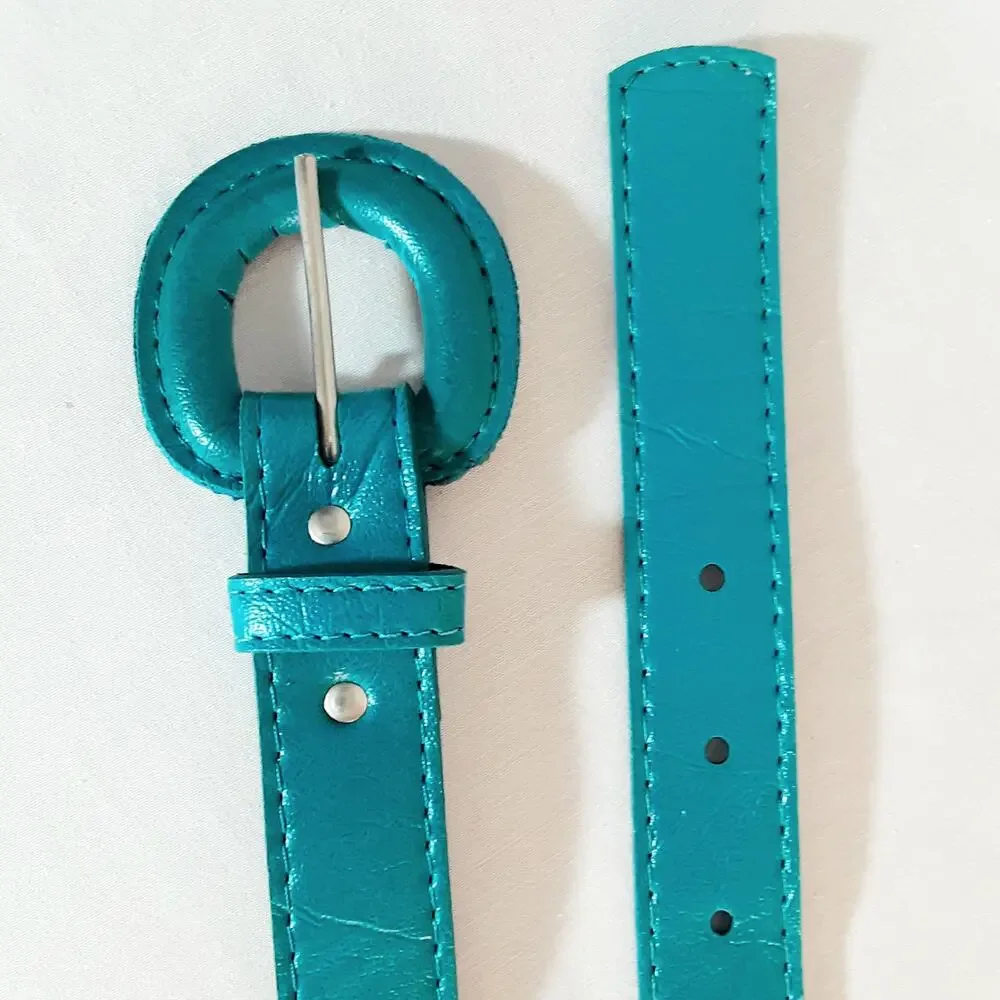 💎Womens Teal Blue Textured Faux Leather Belt Size Medium Covered Buckle Mexico